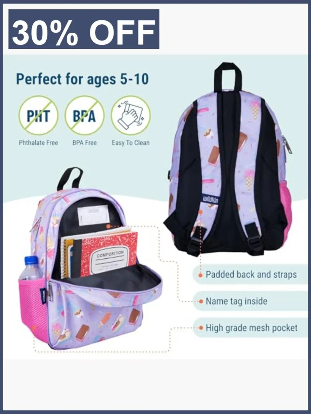 Kids 15 Inch Backpack with Padded Straps and Water Bottle Pocket